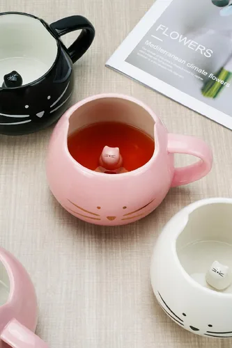 Miniatura 7 de Taza de gato Koolkatkoo Lindas tazas de café de cerámica Tazas de té novedosas con animal 3D oculto en la taza para mujeres Niñas Regalos para Rosa