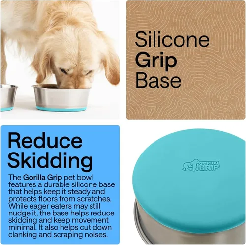 Miniatura 3 de Gorilla Grip - Juego de 2 cuencos metálicos de acero inoxidable para perros, base de goma, resistente a la oxidación, libre de BPA de grado Turquesa