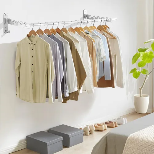 Estante de secado montado en la pared, perchero telescópico plegable, ahorro de espacio plegable para organización y almacenamiento de lavandería (2