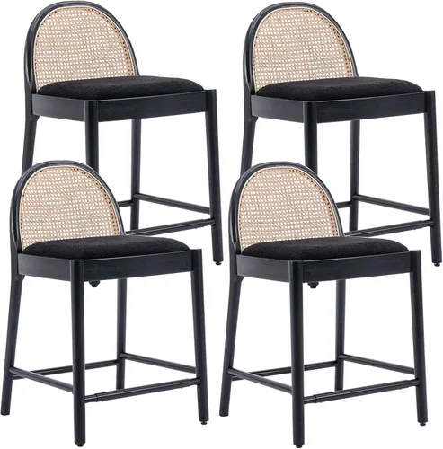Miniatura 22 de DUOMAY Juego de 2 taburetes de mostrador modernos de ratán beige, 26 pulgadas de altura - Taburetes de bar de madera tapizados en lino con respaldo