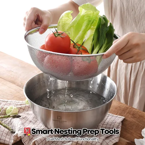 Miniatura 2 de WAGENSTEIGER Juego de tazón de acero inoxidable y colador de 3 patas, canasta de cocina multiusos con colador de malla fina, cuenco para mezclar