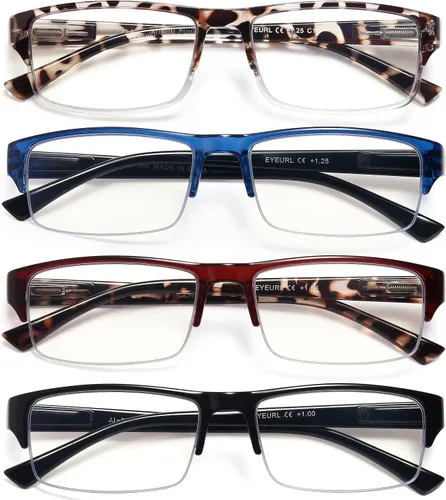 EYEURL Paquete de 4 lentes de lectura con luz azul de medio marco para hombres, lectores rectangulares sin montura para mujeres, lentes de bisagra