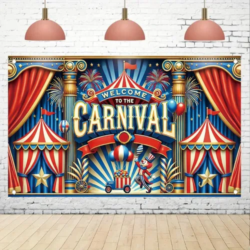 Miniatura 6 de Cartel con temática de carnaval de 71 x 43 pulgadas, tienda de campaña de circo, globos de payaso, decoración de fiesta para niños, feria