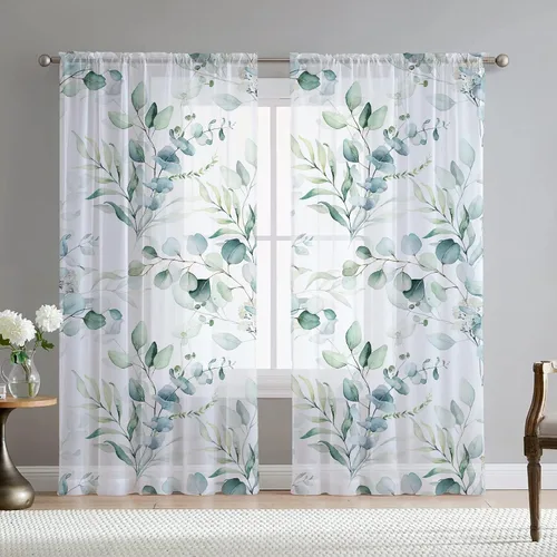 Miniatura 20 de Cortinas de hojas de eucalipto verdes para sala de estar de 63 pulgadas de largo, juego de 2 paneles elegantes de flores silvestres con estampado