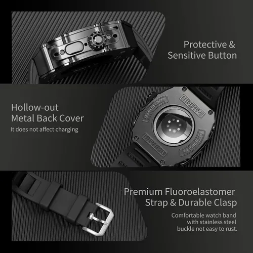 Miniatura 5 de Estuche de Lujo para Apple Watch Ultra 3/2/1 49mm Banda FKM, Cubierta de Metal con Parachoques Resistente + Vidrio Incorporado + Correa