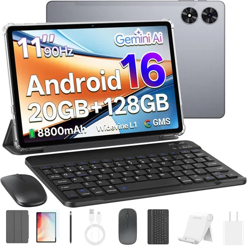 Tablet Android 16 de 11 pulgadas con teclado, mouse y lápiz capacitivo, color gris | 20GB RAM 128GB ROM, Octa-Core Gemini AI, cámara de 13MP,