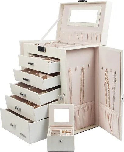 Homde Caja de joyeríaorganizadorestuche 2 en 1 de piel sintética con estuche de viaje pequeño, regalo para niñas o mujeres (grano de madera blanca)