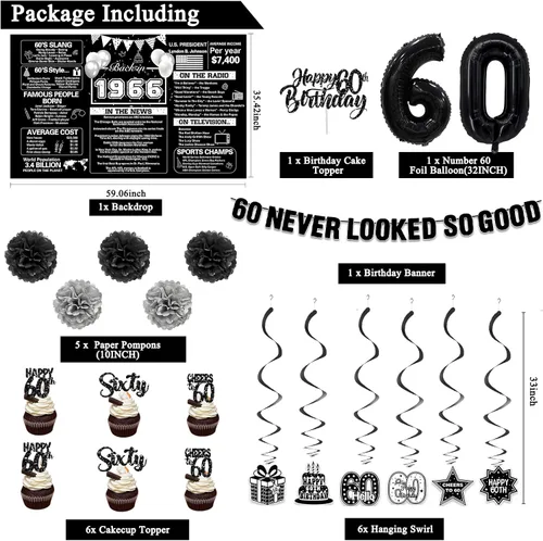 Miniatura 2 de Crenics Decoraciones de 60 cumpleaños en negro para hombres y mujeres - Telón de fondo de 1966, pancarta, pompones de papel, espirales colgantes