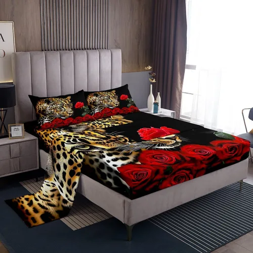 Miniatura 21 de Erosebridal Sábanas de cama de guepardo con rosa roja, juego de sábanas de bolsillo profundo con estampado de leopardo y gato, sábana bajera