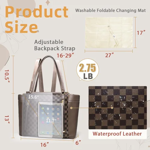 Miniatura 6 de Miss Fong Bolso de pañales de cuero con diseño a cuadros, mochila de gran capacidad para mamá, bolso hospitalario, con 12 bolsillos, bolso de viaje