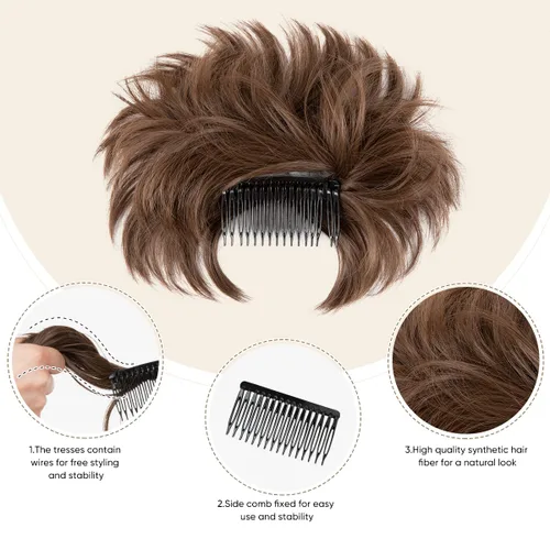Miniatura 4 de Postizo de Cabello de Moño Despeinado con Peine Lateral Clip en Postizo de Moño para Mujeres Corto Natural Liso Versátil Estilos Ajustables Piezas