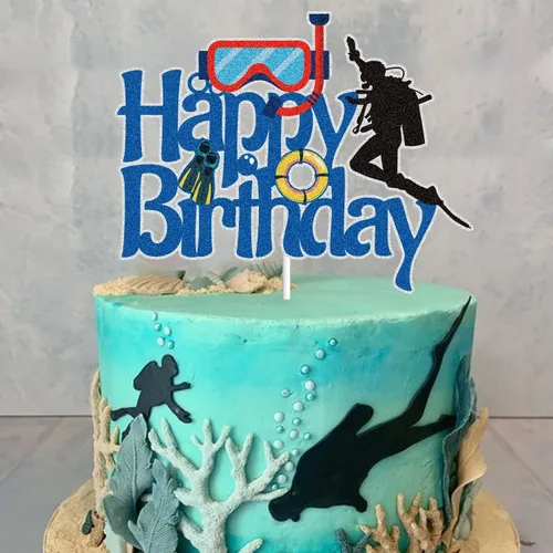 Miniatura 4 de Decoración para tartas de cumpleaños con purpurina azul, buceo, deportes submarinos, océano, verano, natación, pastel, decoración, buceador