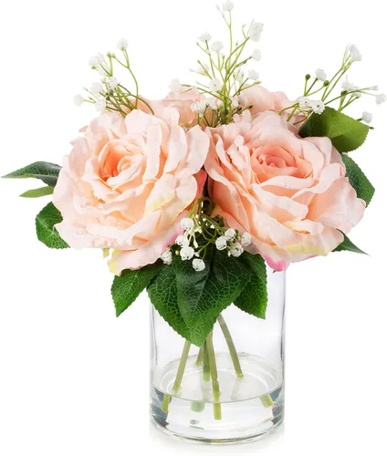 Miniatura 9 de ENOVA FLORAL Flores artificiales de rosa de seda grandes en jarrón, rosas falsas blancas con jarrón y agua sintética para centros de mesa de boda