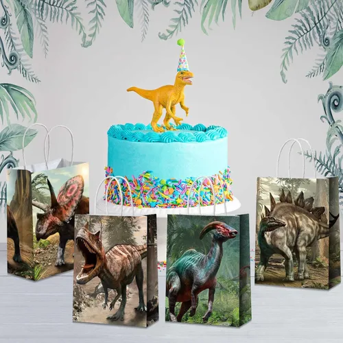 Miniatura 6 de Funrous Bolsas de regalo de fiesta de dinosaurio con mango, bolsas de papel para golosinas de dinosaurio con asas, paquete de papel para golosinas