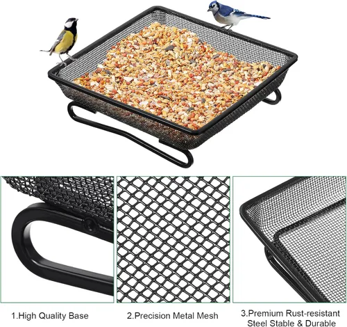 Miniatura 4 de 2 piezas de bandeja para comedero de pájaros de barandilla de cubierta para balcón 17,8 x 17,8 x 5,1 cm Plataforma compacta para semillas de pájaros