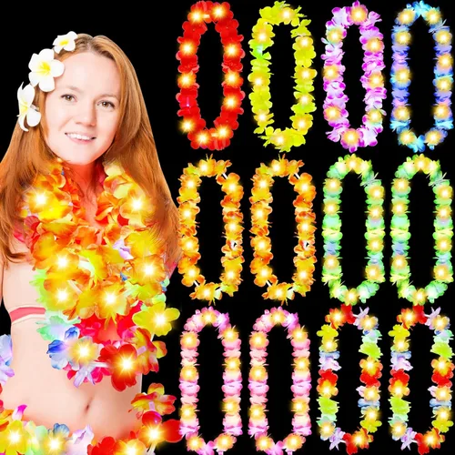 Miniatura 8 de Giegxin 12 collares con luces LED hawaianas Lei tropicales con luces LED Lei de arco iris artificial para niños y adultos, fiesta temática Hawaii