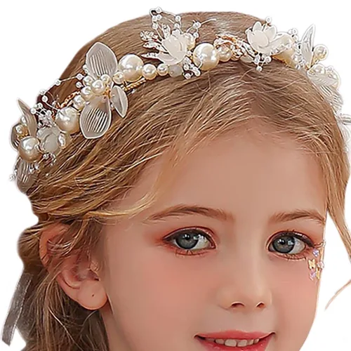 Miniatura 8 de Campsis Diadema para niñas con perlas y flores, diadema de boda de cristal azul, accesorios para el cabello para niñas