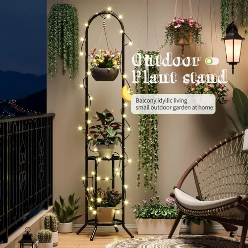 Miniatura 2 de BMOSU Soporte para plantas con ganchos para interiores y exteriores, soporte alto de metal resistente de 3 niveles para plantas, para patio, jardín