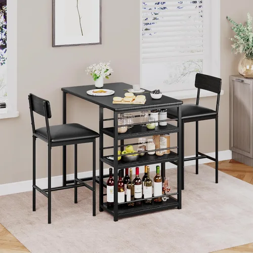 Miniatura 3 de Juego de mesa de comedor para 2 personas con 3 estantes de almacenamiento, juego de mesa de cocina de 3 piezas con 2 taburetes de bar tapizados