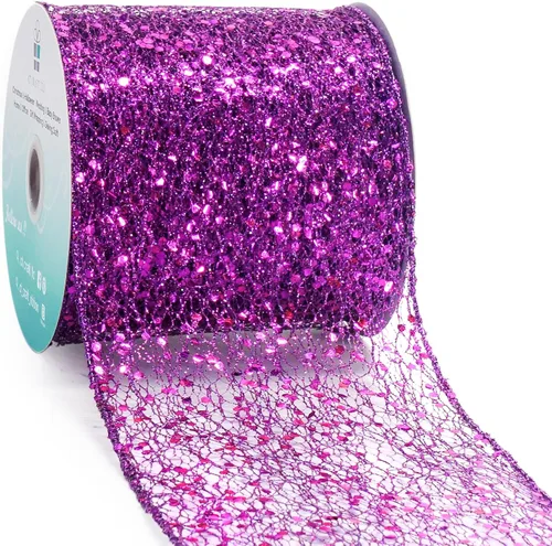 Miniatura 29 de Cinta con alambre de malla brillante con purpurina de 6 x 10 yardas, color negro para decoración del hogar, lazo para envolver regalos
