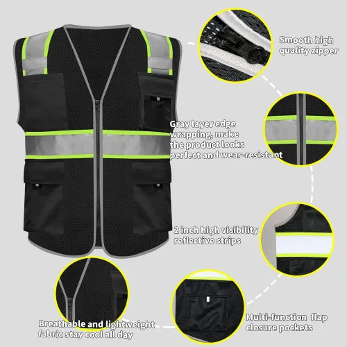 Miniatura 3 de HYCOPROT Chalecos de seguridad reflectantes de malla de alta visibilidad con bolsillos y cremallera, cumple con las normas ANSI/ISEA