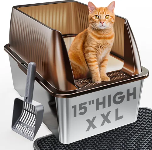 Miniatura 10 de Tripamin Caja de arena para gatos de acero inoxidable XL de 15 pulgadas, lados altos XXL de acero inoxidable con tapa, caja de arena de metal