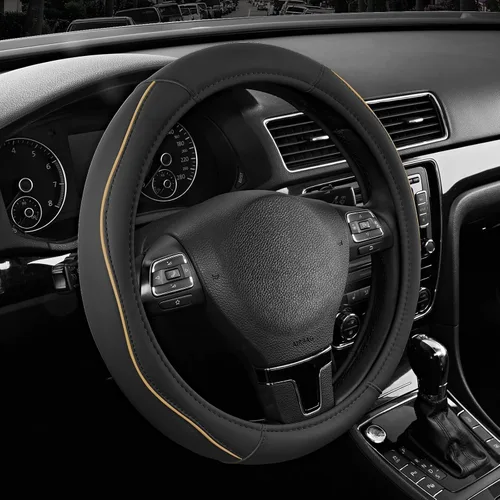 Miniatura 4 de Road Comforts Funda de cuero para volante con ribete decorativo y ribetes, diseño antideslizante y transpirable, se adapta a volantes redondos