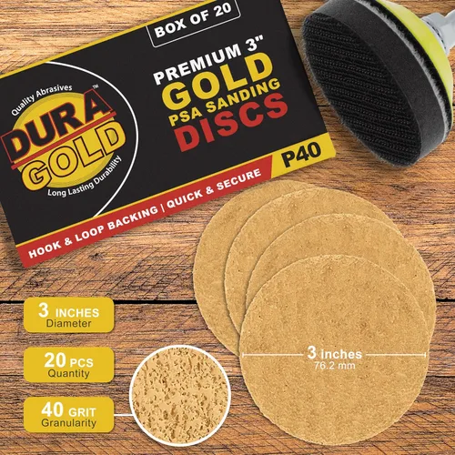 Miniatura 2 de Dura-Gold - Premium - Discos de lija dorados de grano 40 de 3 pulgadas para lijadoras DA - Caja de 20 discos de acabado de papel de lija