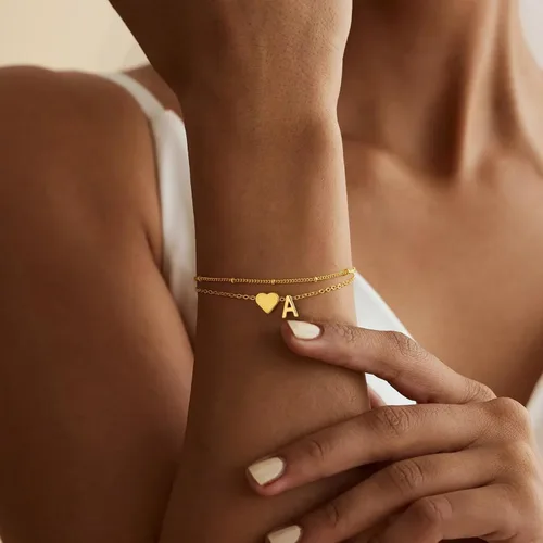 Miniatura 3 de M MOOHAM Pulseras de oro con inicial de corazón para mujer, pulseras con dije de letra A-Z de corazón dorado en capas para mujer, pulseras