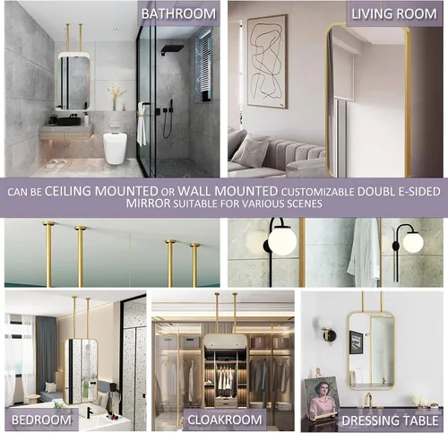 Miniatura 7 de Espejos de baño, espejo de barra colgante para montaje en techo, marco de metal dorado, espejo decorativo de pared para el hogar o hotel, vestidores