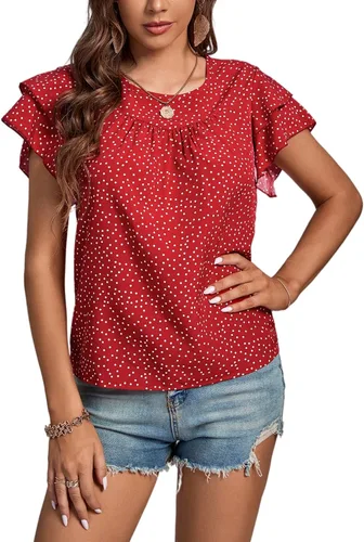 Miniatura 5 de LYANER Blusa de manga corta con cuello redondo y volantes para mujer