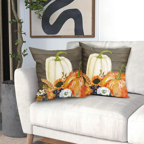 Miniatura 5 de Kawani Fundas de almohada decorativas blancas y naranjas de calabaza de otoño de 18x18 pulgadas con hojas de girasol y madera, juego de 2, cojines