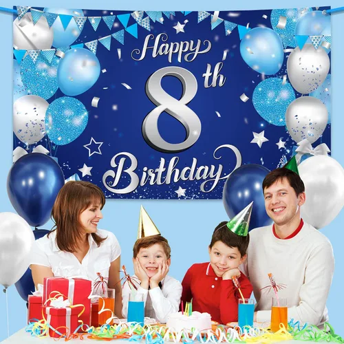 Miniatura 4 de KatchOn, Cartel extragrande de feliz cumpleaños número 8 plateado y azul, 72 x 44 pulgadas, telón de fondo de octavo para decoraciones de feliz