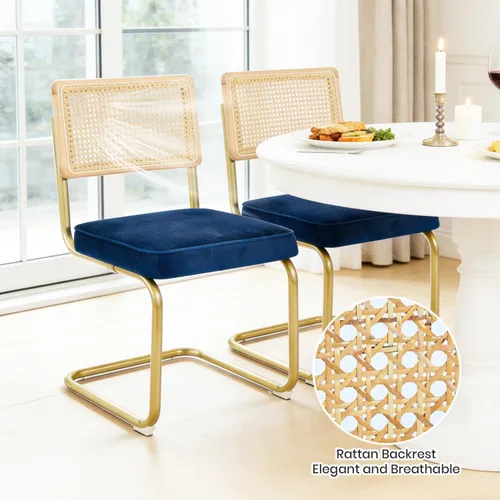 Miniatura 7 de CangLong Juego de 2 sillas de comedor de terciopelo, sillas de comedor de ratán con patas de metal y respaldo de ratán de malla natural, sillas