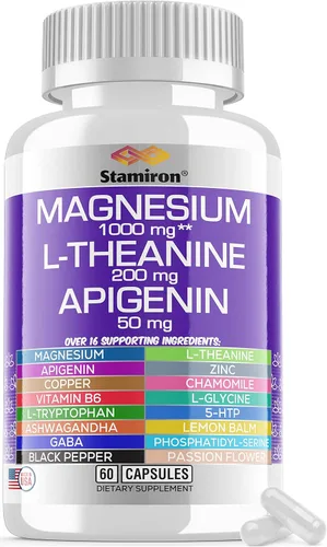 Complejo de magnesio 1000 mg L Teanina 200 mg Apigenina 50 mg Suplemento con citrato de glicinato mag, malato taurato + manzanilla 5-HTP Passion