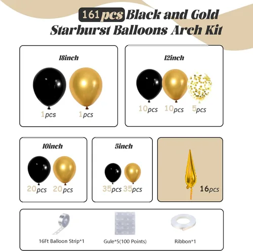 Miniatura 3 de Kit de arco de guirnalda de globos negros y dorados con globos de estrella en explosión, globos de látex de confeti de oro negro de 5/10/12/18