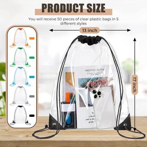 Miniatura 2 de 50 bolsas transparentes con cordón, bolsas de PVC deportivas, a granel, transparente, para estadio, impermeable, mochila transparente para gimnasio