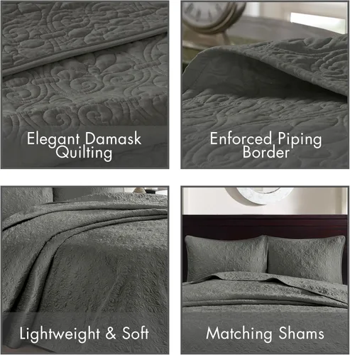 Miniatura 4 de Madison Park Quebec - Colcha acolchada reversible estilo damasco, ideal para todas las estaciones, juego de cama de colcha ligera y fundas a juego