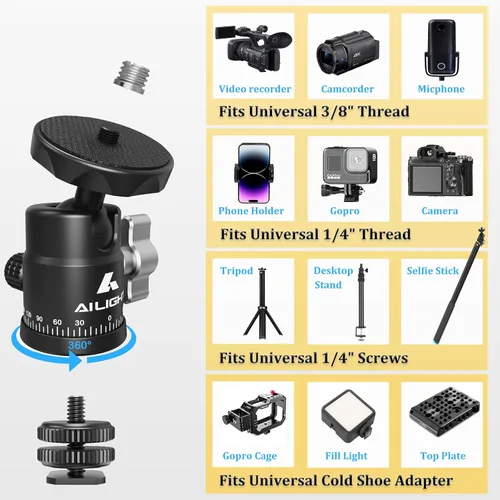 Miniatura 3 de Ailight Mini cabeza de bola, cabezal de trípode panorámico de 360°, adaptador de tornillo universal de 1/4 a 3/8 pulgadas, soporte de trípode