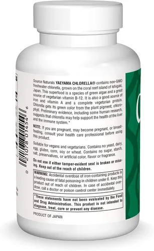 Miniatura 3 de Source Naturals Yaeyama Chlorella 200mg Algas Superalimento Suplemento Nutricional Fuente de B-12, Hierro, Proteína y Vitamina A - 600 Tabletas