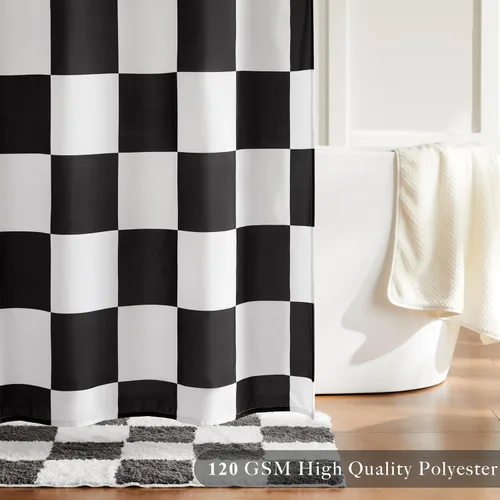 Miniatura 4 de Ohocut Cortina de ducha a cuadros, cortinas de ducha en blanco y negro para baño, bonita cortina de ducha retro de tablero de ajedrez, estética