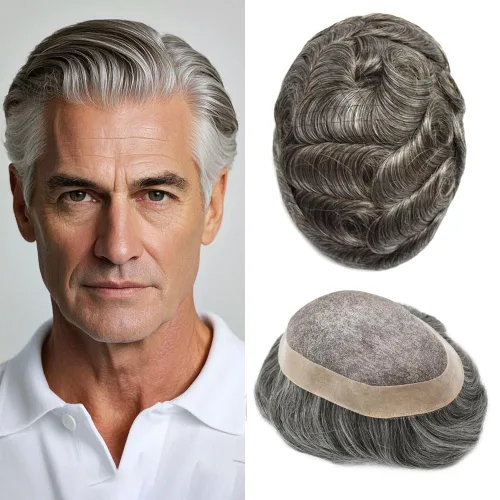 Miniatura 34 de Mens Toupee Hair Pieces sistema de reemplazo para hombres cabello humano real fino mono toupee para hombres sistema de cabello protesis capilar