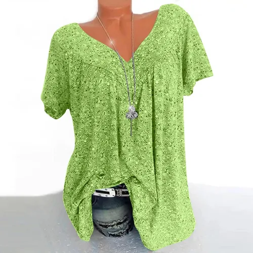 Miniatura 2 de Floral Loose Fit Long Tshirts for Women Fall Summer Short Sleeve Crew V Neck Pleated Tee Shirt Tops Women 2024