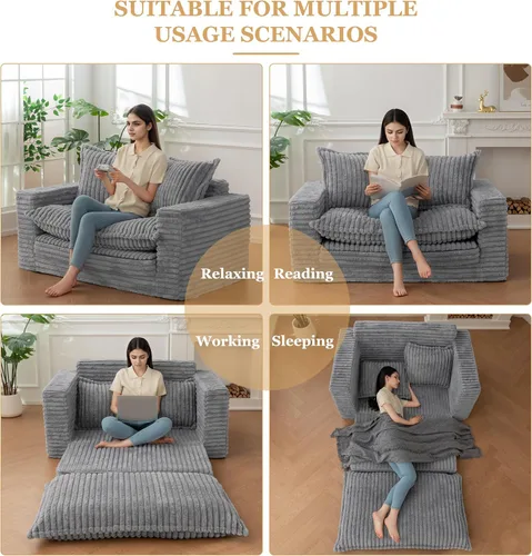 Miniatura 6 de YOSHOOT Sofá Cama de Dos Plazas, Sofá Cama Convertible Sillón Futón para Sala de Estar, Sofá de Piso Extraíble 3 en 1 con Cojín y Almohadas, Gris