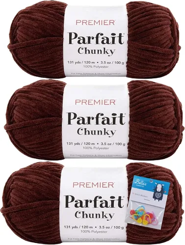 Premier Yarns Parfait - Hilo de felpilla grueso, 3.5 onzas, peso súper voluminoso, paquete de 3 unidades con soportes para punto de Bella (chocolate)