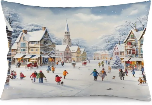 Miniatura 26 de Funda de almohada con escena de pueblo navideño con niños, fundas de almohada de 12 x 20 pulgadas, almohadas decorativas de Navidad para sofá, funda