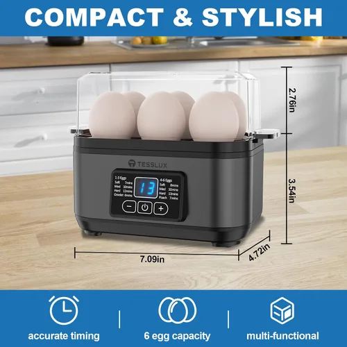 Miniatura 2 de Tesslux Cocedor Eléctrico Rápido de Huevos, Capacidad para 6 Huevos para Huevos Duros, Huevos Escalfados, Huevos Revueltos, o Fabricante de Gris