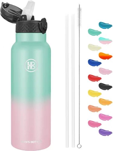 Miniatura 21 de Han's Bottle - Botella de agua para niños con tapa con pajilla - Vaso reutilizable de acero inoxidable aislado para niñas, niños, taza térmica, 17