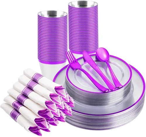 Miniatura 13 de BESTSTAR Juego de 175 platos desechables transparentes y negros para 25 invitados, 50 platos de plástico, 25 vasos, 25 servilletas preenrolladas