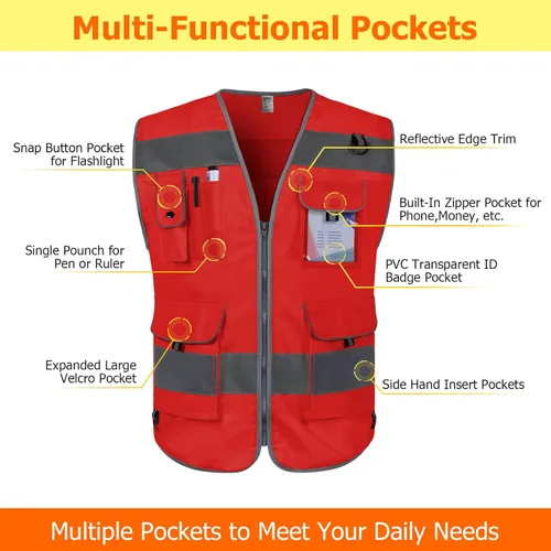 Miniatura 3 de TCCFCCT Chaleco de seguridad rojo para hombres y mujeres, chaleco reflectante de alta visibilidad con 9 bolsillos, chaleco de trabajo con tiras Tela